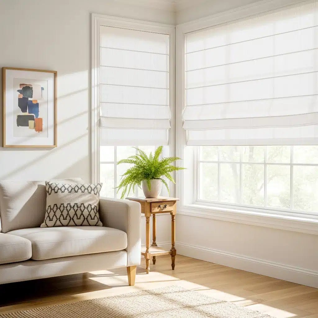 Motorized Roman shades in bright living room corner with beige sofa, patterned cushion, small wooden side table with potted plant, and large windows overlooking greenery